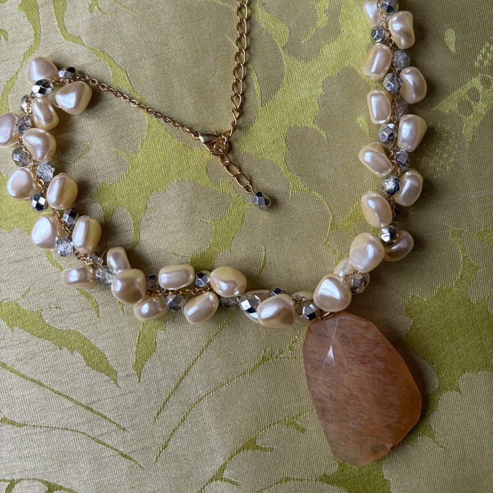 Cream Pearl and Crystal Necklace with Tan Stone Pendant
